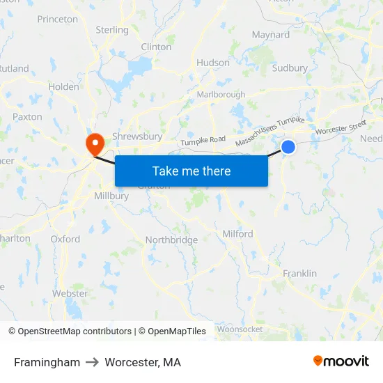 Framingham to Worcester, MA map