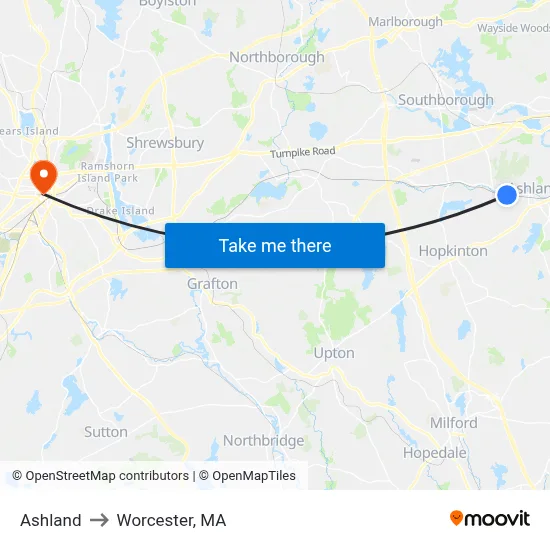 Ashland to Worcester, MA map