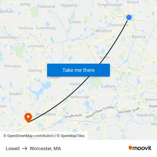 Lowell to Worcester, MA map