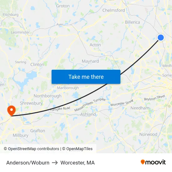 Anderson/Woburn to Worcester, MA map