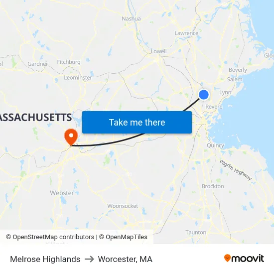 Melrose Highlands to Worcester, MA map