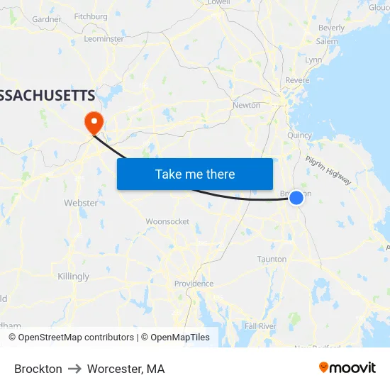 Brockton to Worcester, MA map
