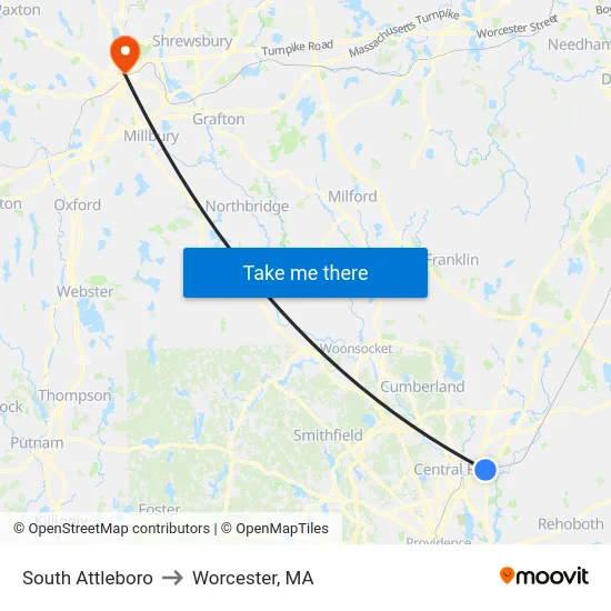 South Attleboro to Worcester, MA map