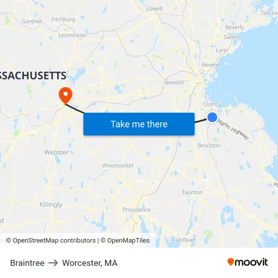 Braintree to Worcester, MA map