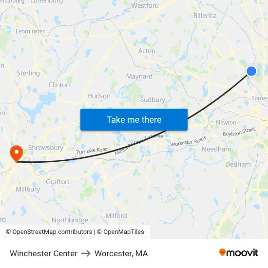 Winchester Center to Worcester, MA map