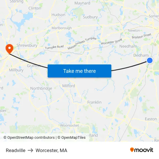 Readville to Worcester, MA map