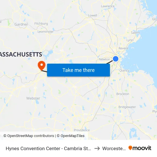 Hynes Convention Center - Cambria St @ Boylston St to Worcester, MA map