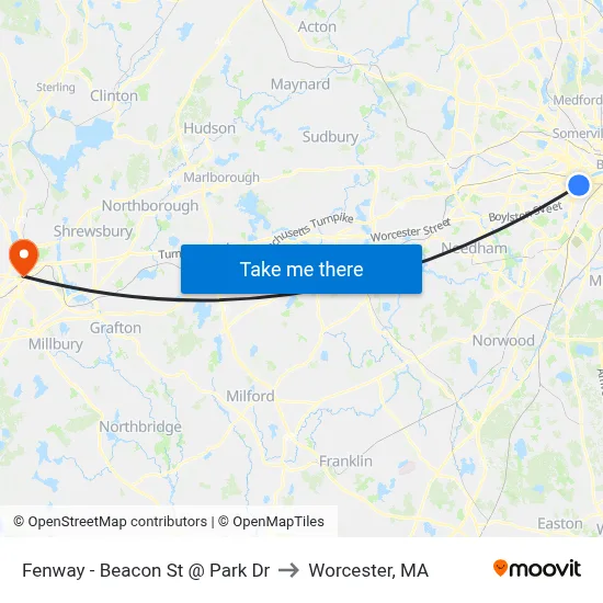 Fenway - Beacon St @ Park Dr to Worcester, MA map
