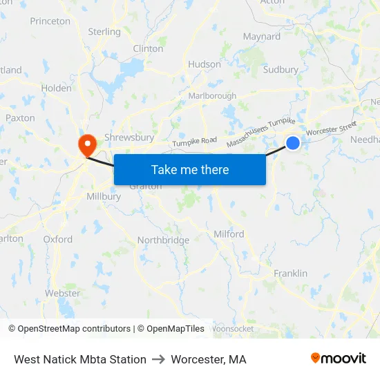 West Natick Mbta Station to Worcester, MA map