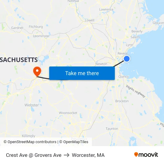 Crest Ave @ Grovers Ave to Worcester, MA map