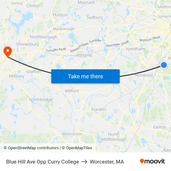 Blue Hill Ave Opp Curry College to Worcester, MA map
