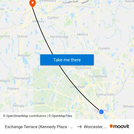 Exchange Terrace (Kennedy Plaza - Stop X) to Worcester, MA map
