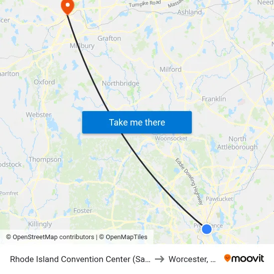 Rhode Island Convention Center (Sabin) to Worcester, MA map