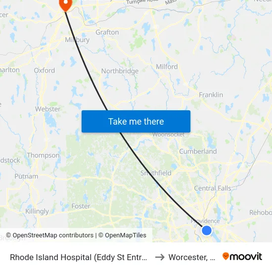 Rhode Island Hospital (Eddy St Entrance) to Worcester, MA map