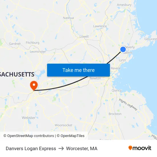 Danvers Logan Express to Worcester, MA map