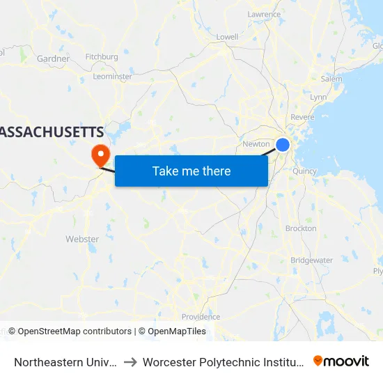 Northeastern University to Worcester Polytechnic Institute (WPI) map