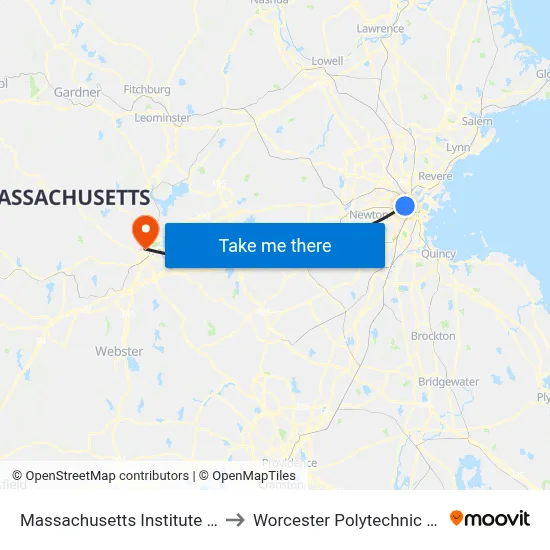 Massachusetts Institute Of Technology to Worcester Polytechnic Institute (WPI) map