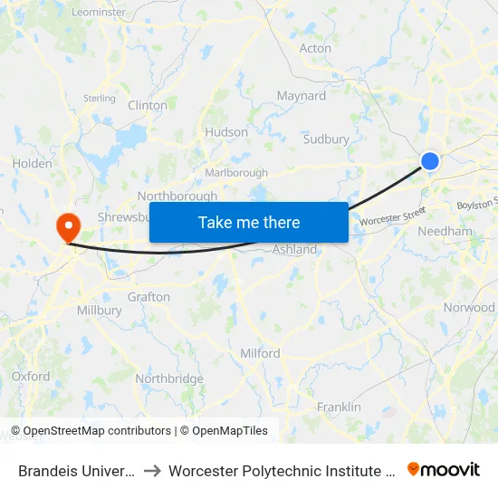 Brandeis University to Worcester Polytechnic Institute (WPI) map
