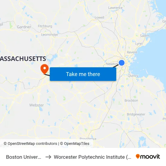 Boston University to Worcester Polytechnic Institute (WPI) map
