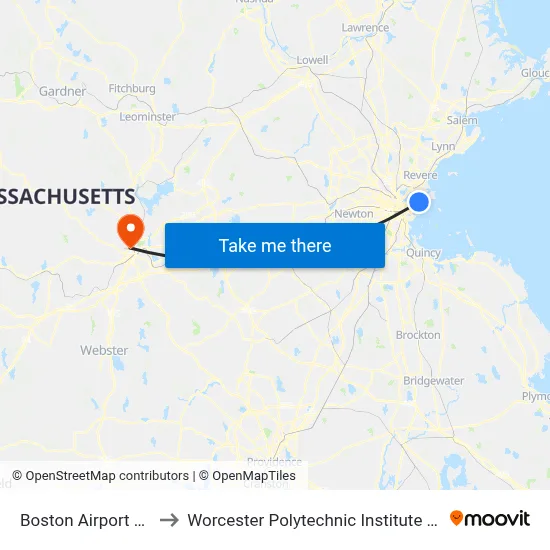 Boston Airport BOS to Worcester Polytechnic Institute (WPI) map