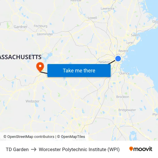 TD Garden to Worcester Polytechnic Institute (WPI) map