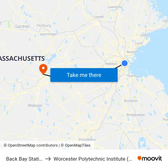 Back Bay Station to Worcester Polytechnic Institute (WPI) map