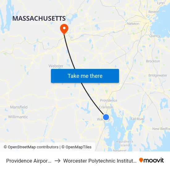 Providence Airport PVD to Worcester Polytechnic Institute (WPI) map