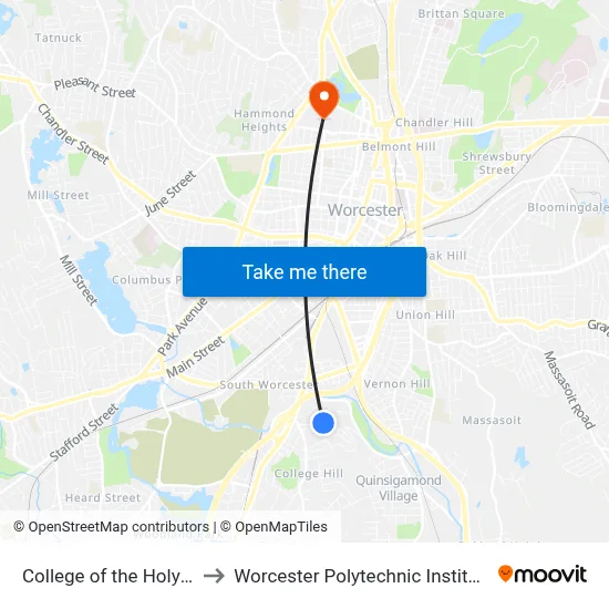 College of the Holy Cross to Worcester Polytechnic Institute (WPI) map