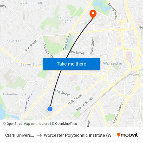 Clark University to Worcester Polytechnic Institute (WPI) map