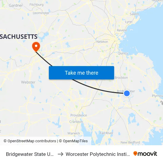 Bridgewater State University to Worcester Polytechnic Institute (WPI) map