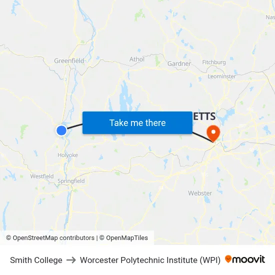 Smith College to Worcester Polytechnic Institute (WPI) map