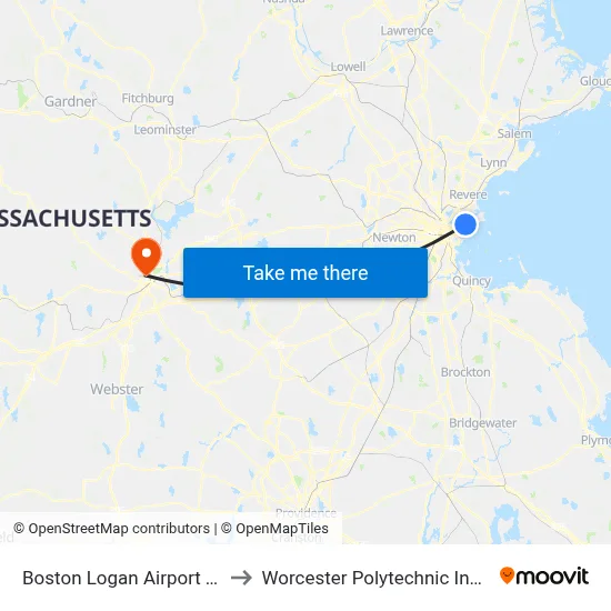 Boston Logan Airport Terminal C to Worcester Polytechnic Institute (WPI) map