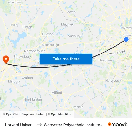 Harvard University to Worcester Polytechnic Institute (WPI) map