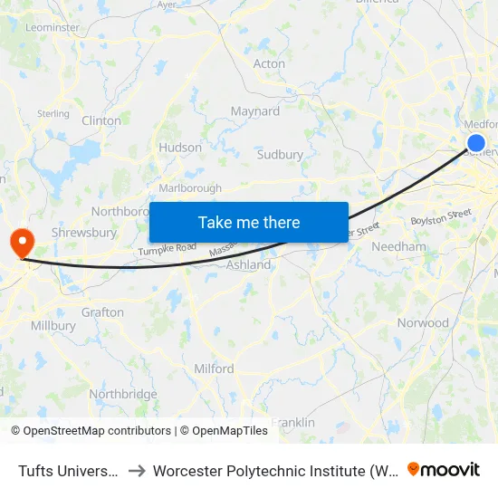 Tufts University, 40 Talbot Ave to Worcester Polytechnic Institute (WPI) map