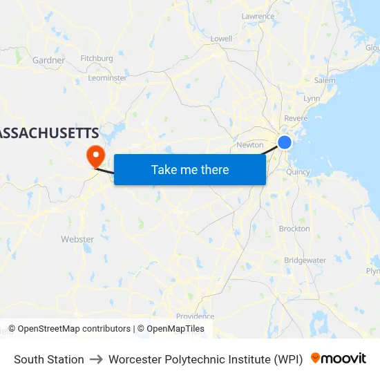 South Station to Worcester Polytechnic Institute (WPI) map