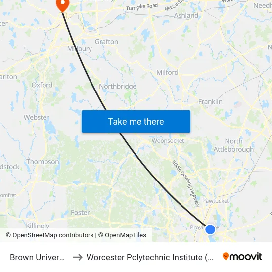 Brown University to Worcester Polytechnic Institute (WPI) map