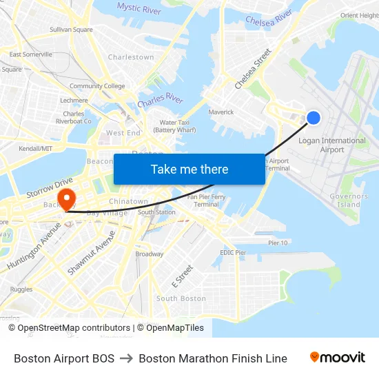 Boston Airport BOS to Boston Marathon Finish Line map