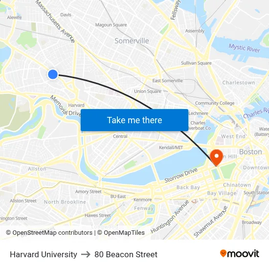 Harvard University to 80 Beacon Street map