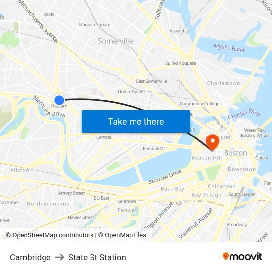 Cambridge to State St Station map
