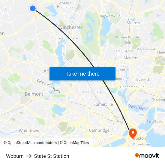 Woburn to State St Station map