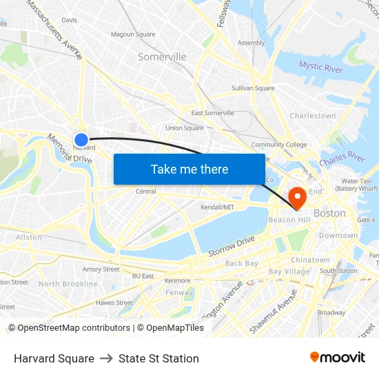 Harvard Square to State St Station map