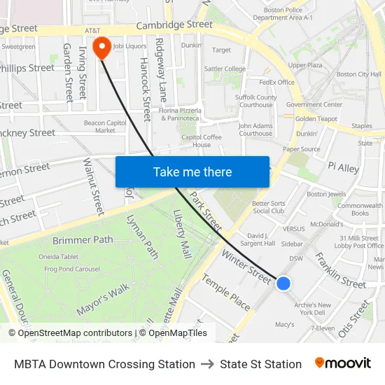 MBTA Downtown Crossing Station to State St Station map