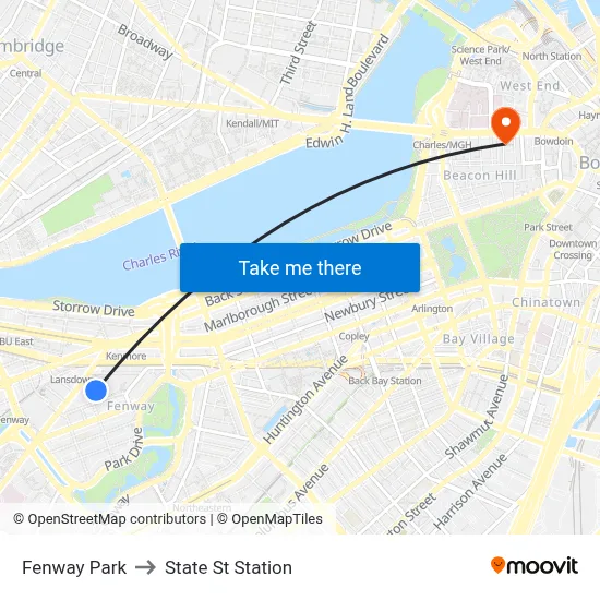 Fenway Park to State St Station map