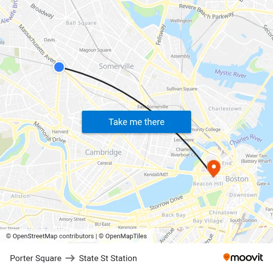 Porter Square to State St Station map