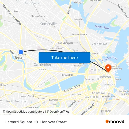 Harvard Square to Hanover Street map