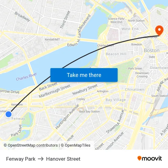 Fenway Park to Hanover Street map