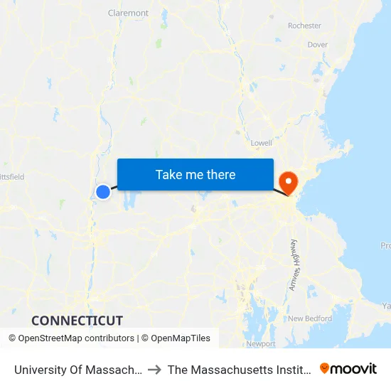 University Of Massachusetts Amherst to The Massachusetts Institute of Technology map