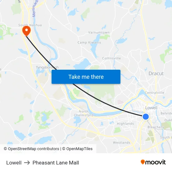 Lowell to Pheasant Lane Mall map