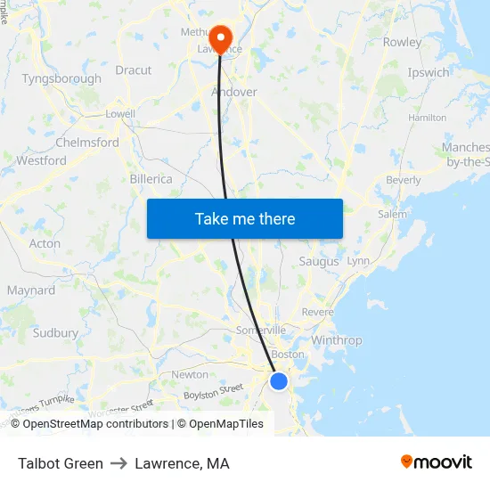 Talbot Green to Lawrence, MA map