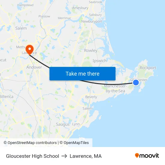 Gloucester High School to Lawrence, MA map